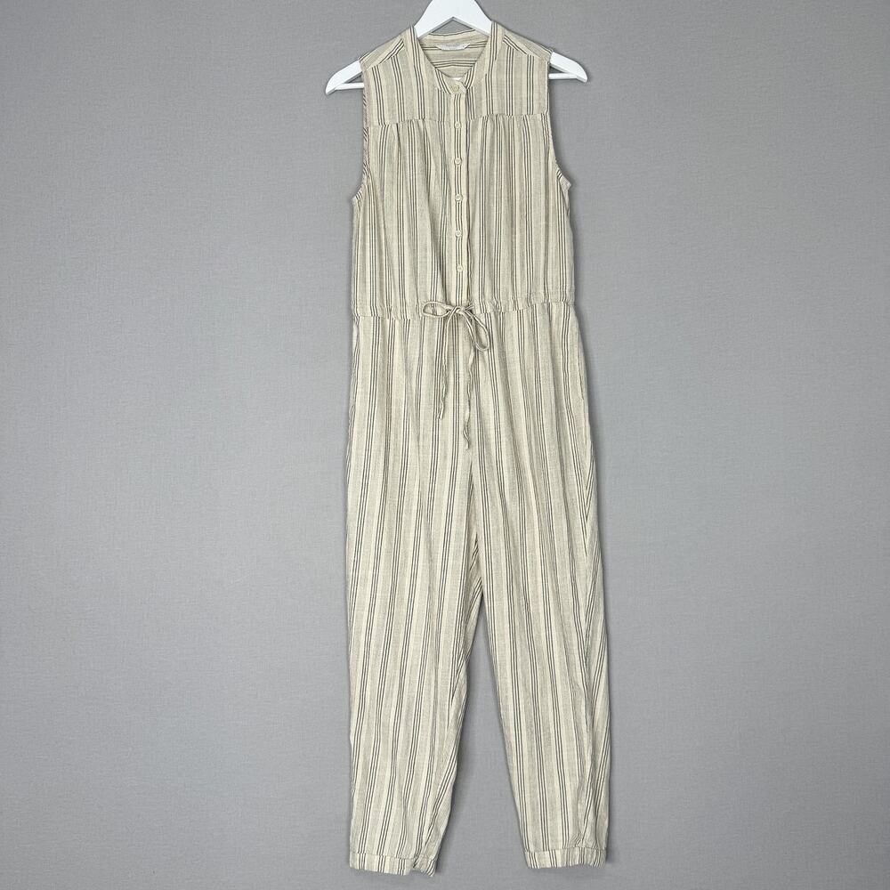 Lucky Brand Jumpsuit Womens Medium‎ Beige Hayley Striped Coastal Beachy Preppy